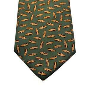 Cole Haan Tie 100% Silk Green Gold Loafer Shoe Print Necktie 3.5” Classic Italy